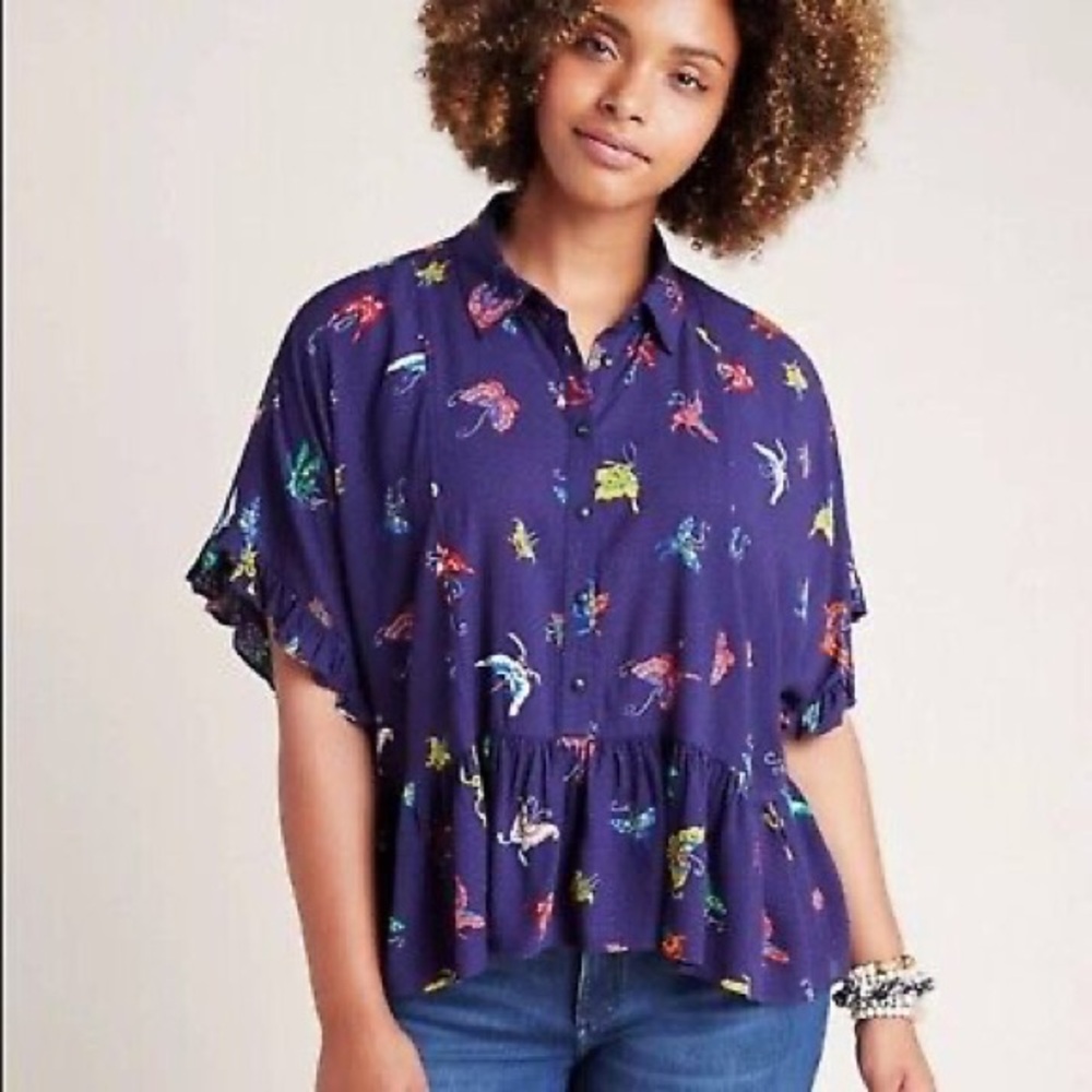 ANTHROPOLOGIE MAEVE BLUE BUTTERFLY SELLING PRINT BLOUSE